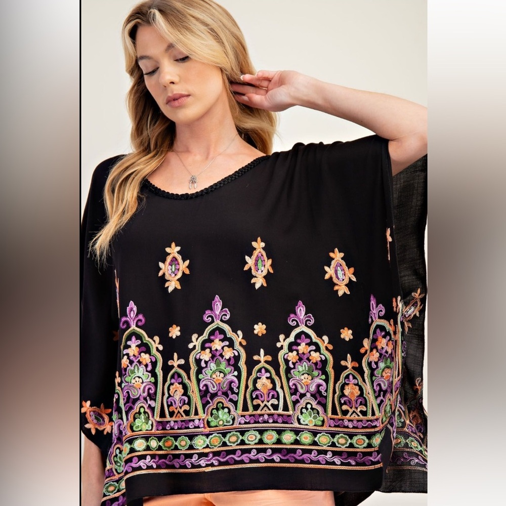 Easel Black Embroidered Boho Poncho Top with Multicolor Accents